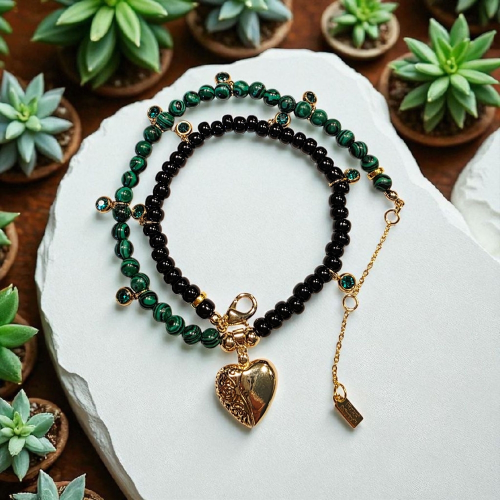 SALE!! Elegant Malachite and Black Beaded Necklace with Gold Heart Locket
